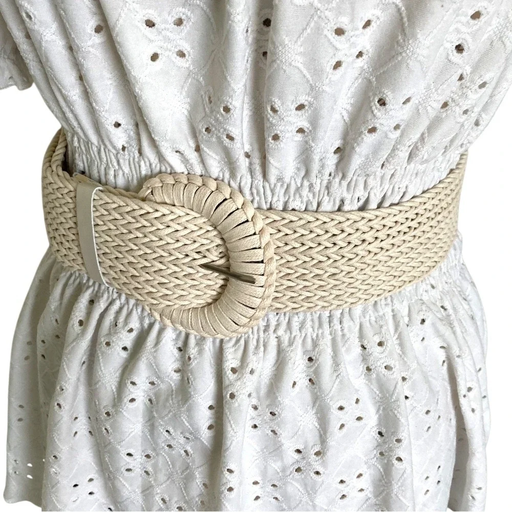 Natural Woven Faux Straw Wide Waist Belt Chunky Round Buckle Cottage Boho summer